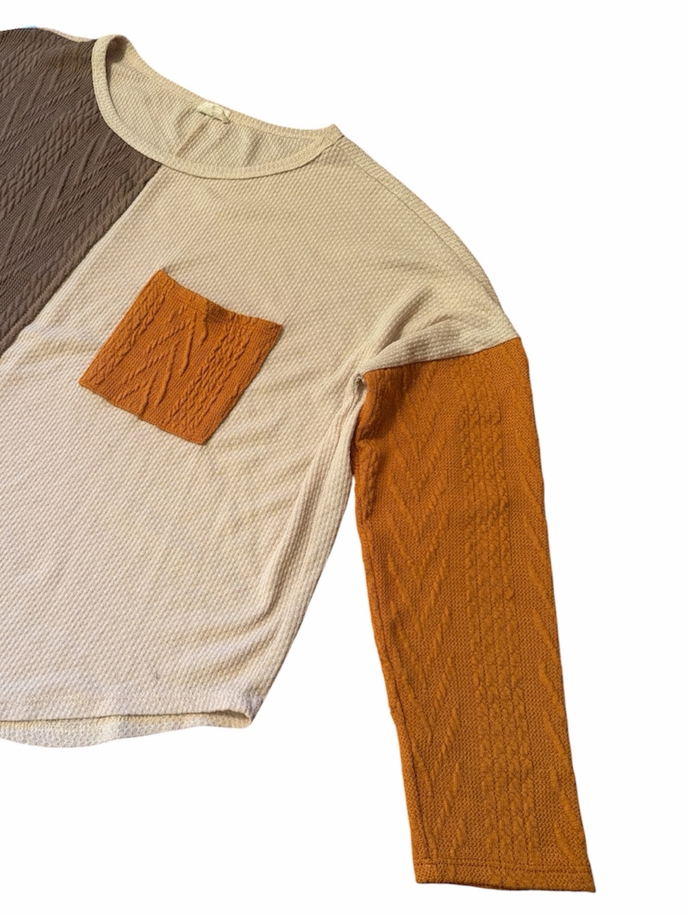 BIBI Colorblock Knit Long Sleeve Top Cream, Mustard,Taupe. Thanksgiving